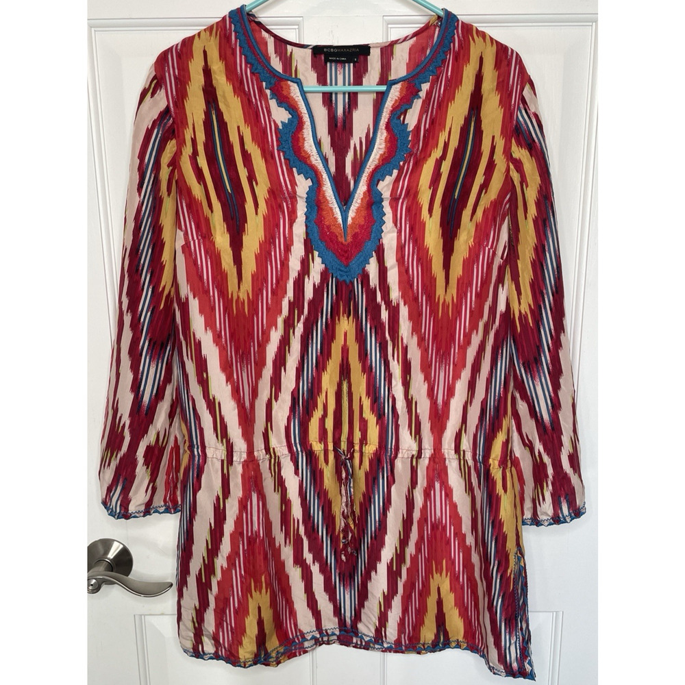 BCBG MaxAzria Women's Boho Silk Tunic Dress Sz S Embroidered Boho Vacation Color